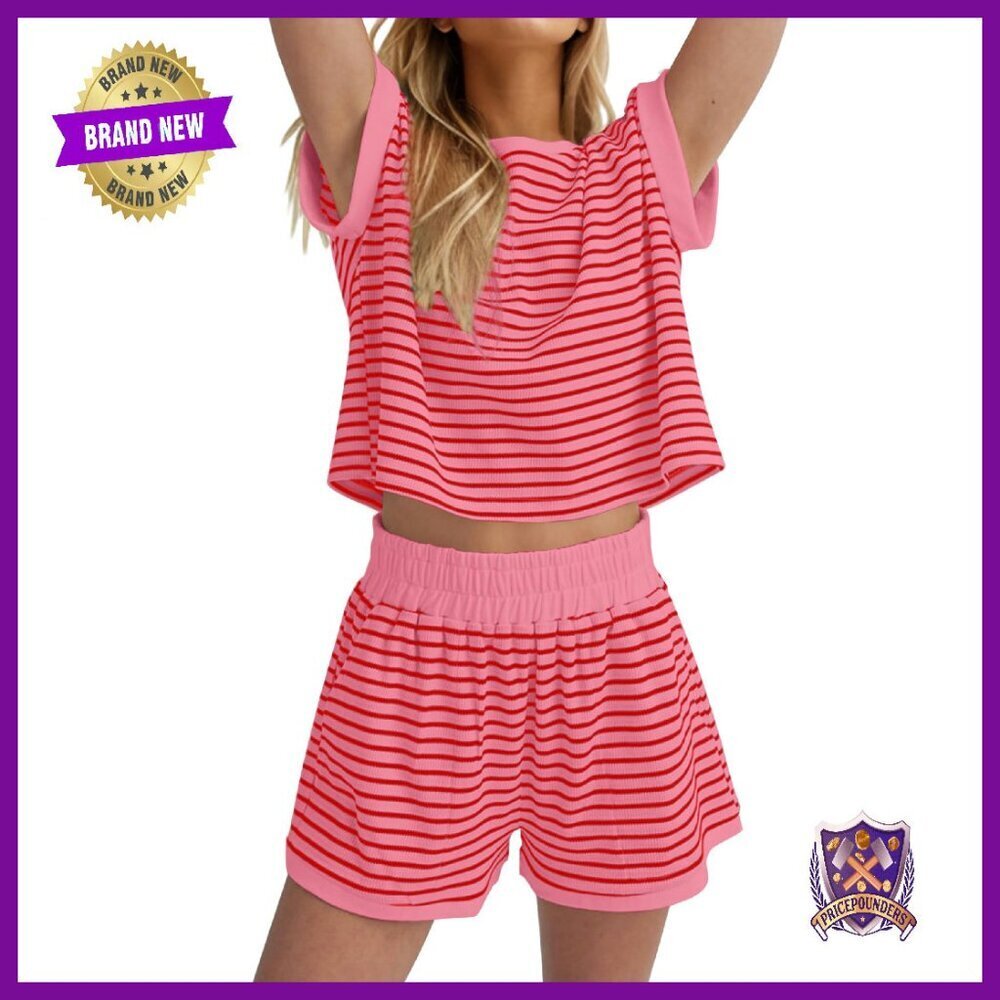 Ribbed Knit Lounge Set Short Sleeve Tee & Elastic Shorts 2 Piece Outfit